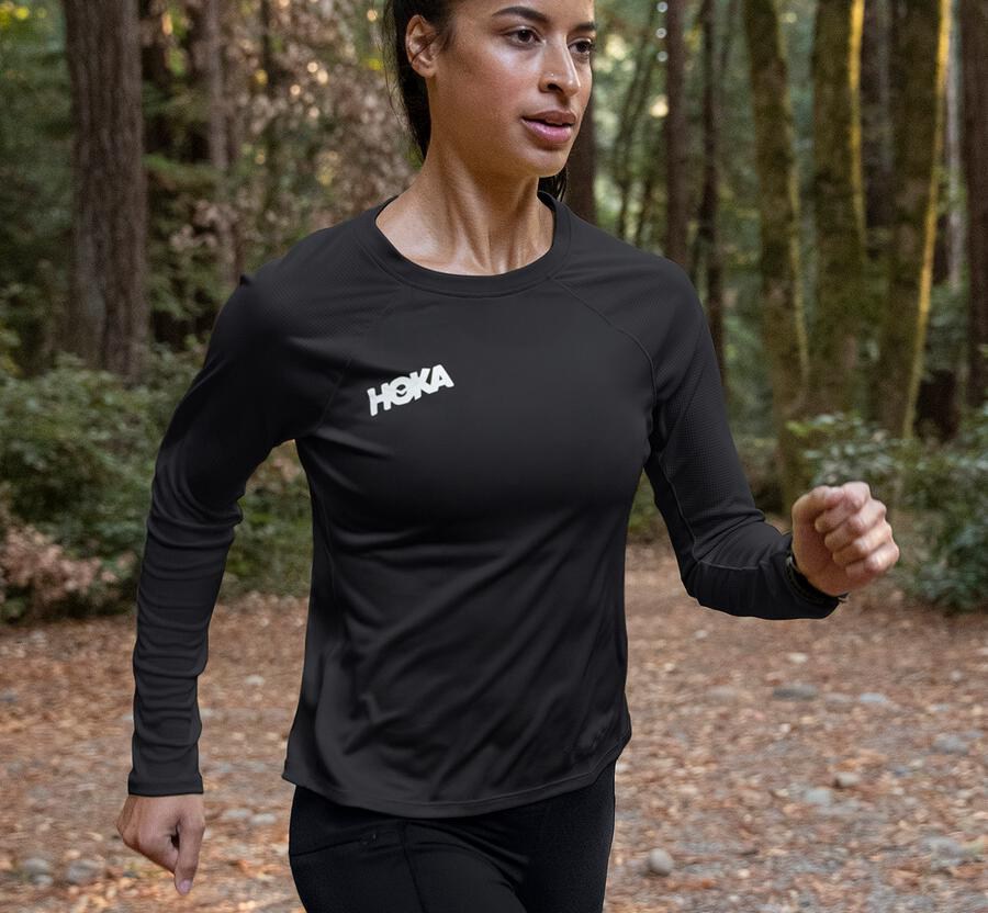 Hoka Australia One One Performance Long Sleeve - Womens Tops Black - ZRYDG-3417